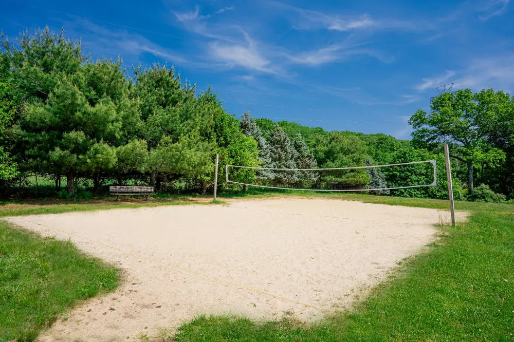 DSC00851-123-Recovered Sandy volleyball court surrounded by lush green trees under a blue sky.