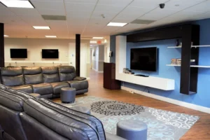 L1COUCHBROCHURE-2 Spacious lounge with leather seating, flat-screen TV, blue walls, and patterned rug.